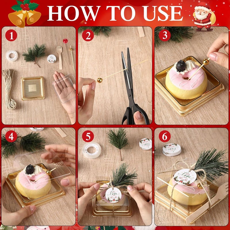 Maxdot 300 Pcs/50 Set Christmas Small Bakery Boxes with Clear Lids, Disposable Mini Dessert Box with Forks Cocktail Picks Thanks Tags, Square Cupcake Containers Xmas Party Favors for Macaron Muffins - Image 4